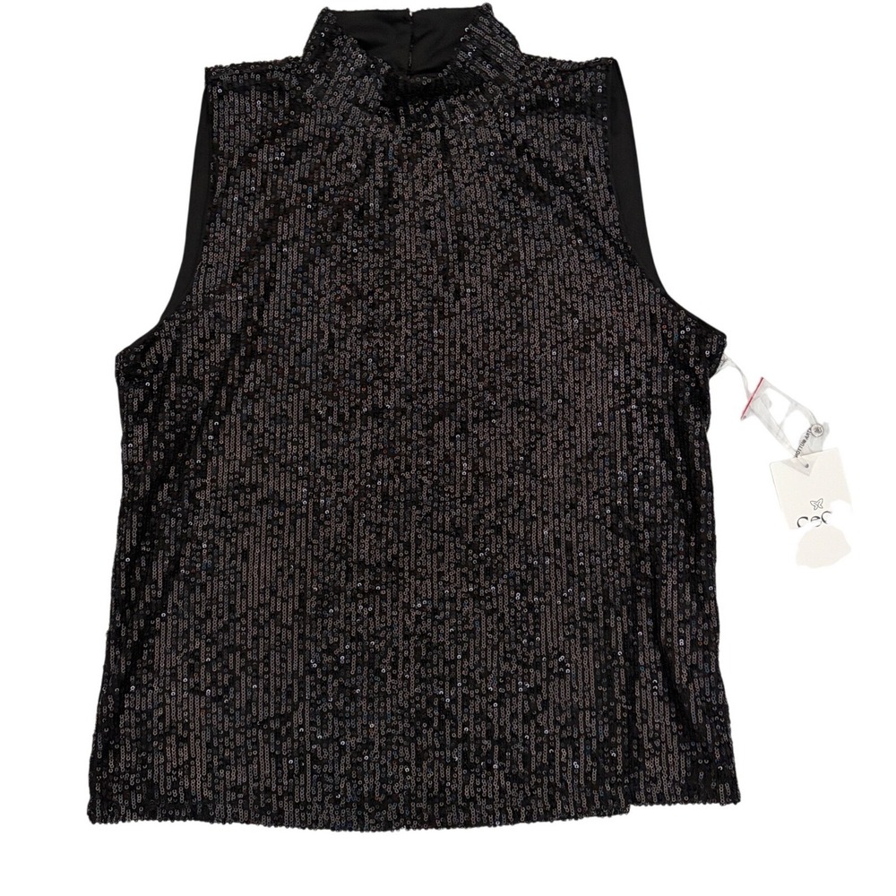 CeCe Womens Black Sequin Mock Neck Sleeveless Top Party Cocktail Blouse L NWT